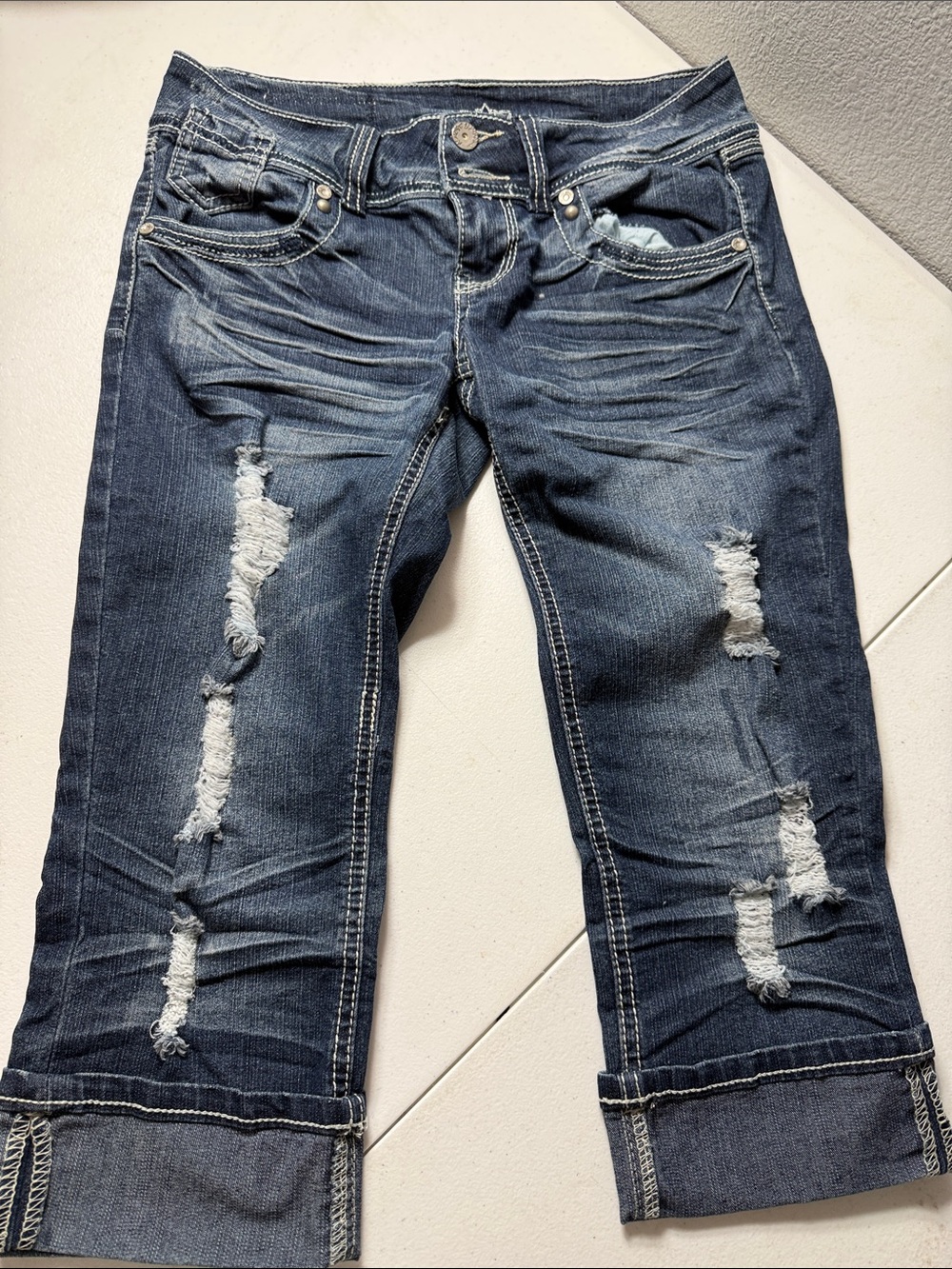 Almost Famous Dark Blue Distressed Cropped Jeans